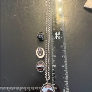 Whiting & Davis Silver Necklace, clip earrings, ring - adjustable size (small)